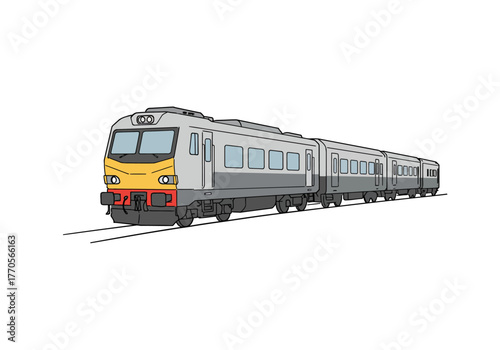 A gray  yellow train with multiple cars on a track depicted in a cartoonish style against a blank background