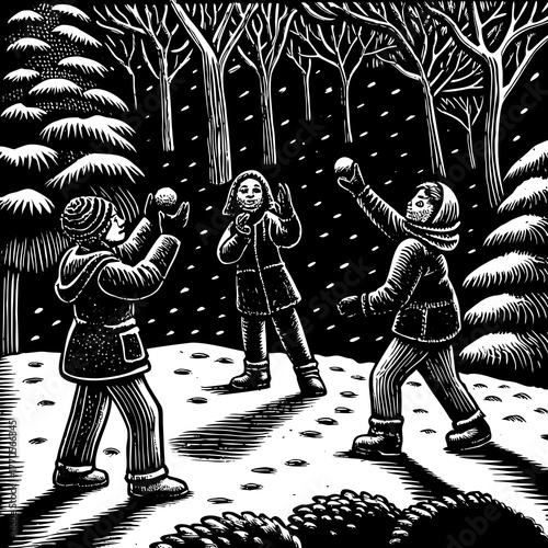 Black and white illustration of children playing in the snow with snowballs