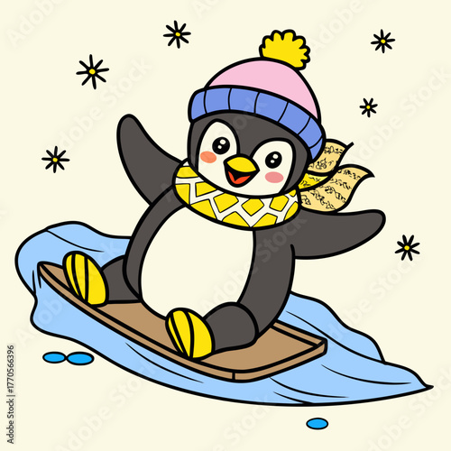 Cartoon penguin is sledding down the hill on a snowy winter day