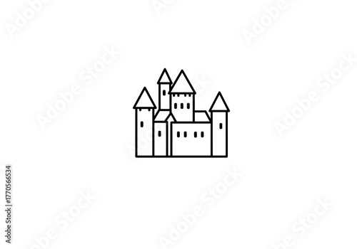 A simple line drawing of a castle featuring towers and a main building with small square details