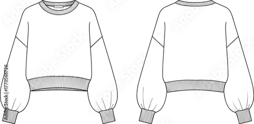 Cad drawing flat vector illustration, sweatshirt fashion flat sketch, long sleeve top front and back view, casual pullover design template