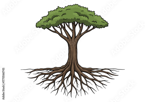 A vibrant tree with expansive roots and a lush canopy stands alone against a white background