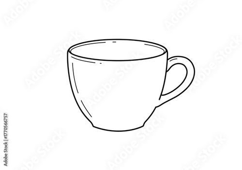 A white teacup with a rounded body and handle isolated on a white background
