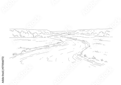 A winding river flows through a grassy valley flanked by distant hills and sparse vegetation