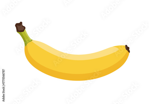 A yellow banana curves gently across a white background with brown tips and a green stem
