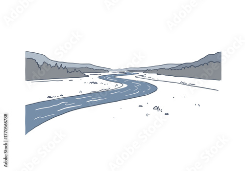 A winding blue river flows through a landscape with distant hills