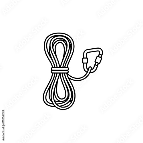 Climbing rope with carabiner icon, rock climbing equipment symbol outline