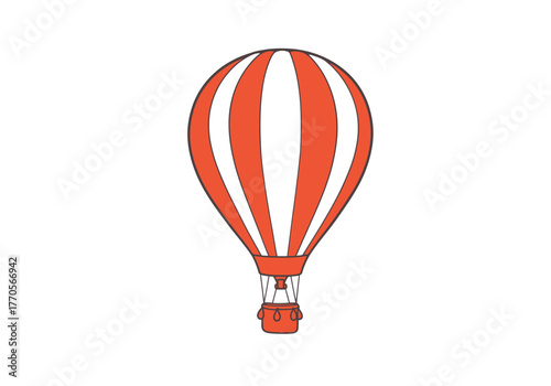 An orangeandwhite hot air balloon with a basket beneath it isolated on a white background