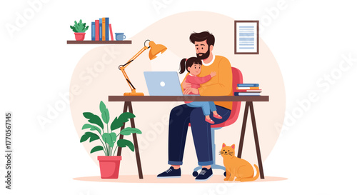 Father working from home with his daughter on his lap, a cat sitting nearby, representing work-life balance and remote work.