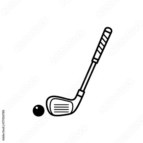 Golf club striking a golf ball icon illustration in black and white style