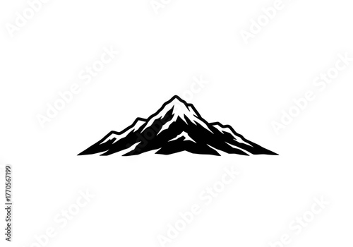 Black mountain silhouette jagged peaks and sharp details against a white background