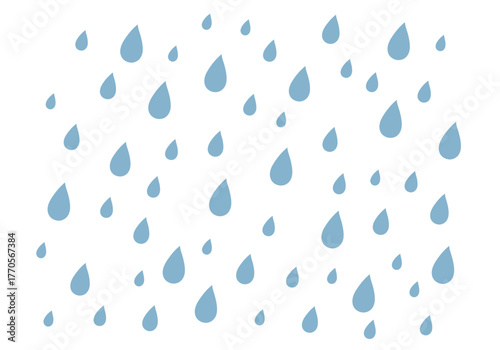 Blue raindrops fall creating a pattern on a white background
