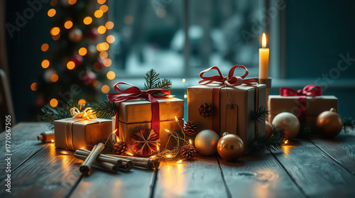 Pacchi regalo con decorazioni natalizie e candela accesa su tavolo in legno. Generative AI