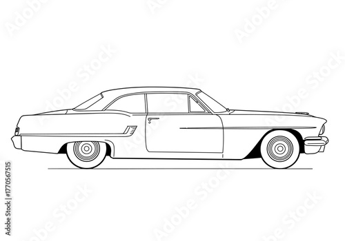 Classic car Twodoor sedan outline curved lines detailed wheels distinct rear fins side trim vintage appeal