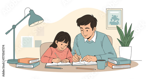 Father assisting his daughter with her homework at the table under the lamp, creating a bonding and educational atmosphere.