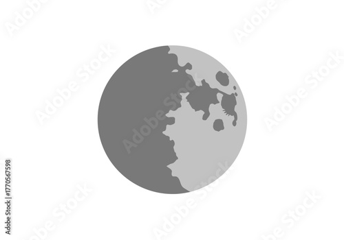 Gray sphere partly dark with textured light half suggests a celestial body