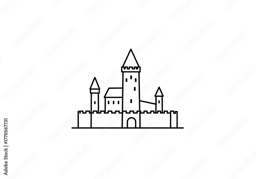 Lineart drawing of a castle featuring towers a central structure and crenellated walls