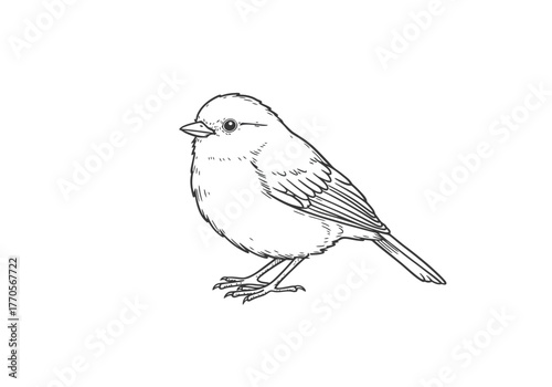 Line drawing of a small bird with rounded body short tail and detailed feathers