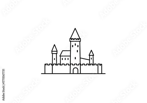 Lineart drawing of a castle featuring towers a central structure and crenellated walls