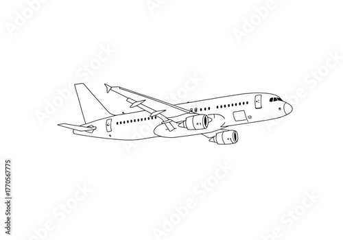 Outline of a passenger airplane detailed with windows wings and engines against a white backdrop