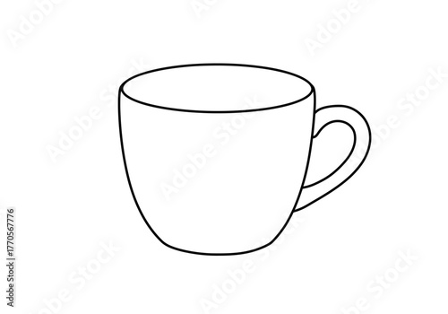 Outline drawing of a teacup featuring a curved body and handle against a plain white background