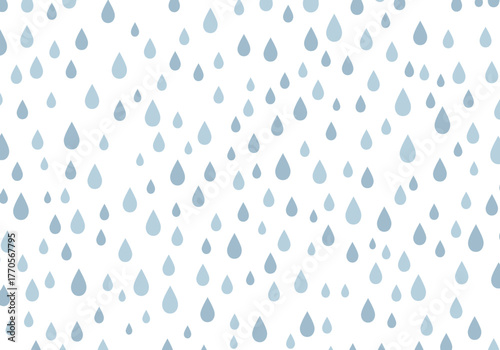 Pattern of light blue raindrops of varying sizes on a white background