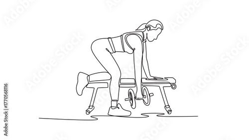 Animated self drawing of continuous line draw attractive woman is performing a dumbbell row using a weight bench. Back muscle strengthening and focused fitness training. Full length one line animation