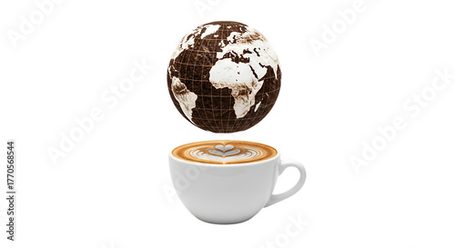 Coffee Earth Concept World Globe Latte Art Drink in White Cup Isolated
