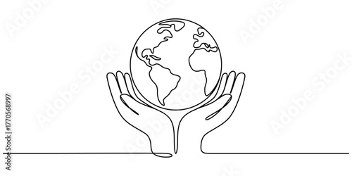 Elegant continuous line drawing of hands gently holding the planet earth vector