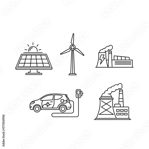 Illustration depicting renewable energy sources like solar panels, wind turbines, and electric car charging, contrasted with polluting factories.