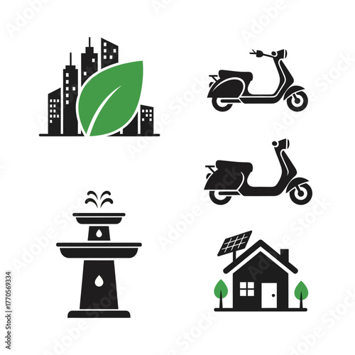 A collection of eco-friendly icons featuring a city skyline with a leaf, two scooters, a fountain, and a house with a solar panel.