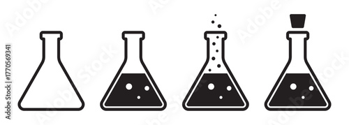 Set of chemical laboratory glass flask cones. Laboratory test liquid sign. Vector illustration