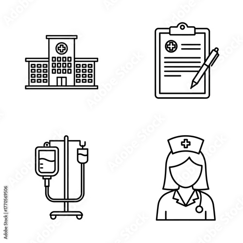 Four medical icons: hospital building, clipboard with pen, IV drip stand, and nurse with stethoscope.