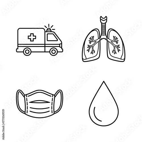 Simple line art icons depicting an ambulance, lungs with trachea, a surgical mask, and a blood drop, representing healthcare and medical concepts.