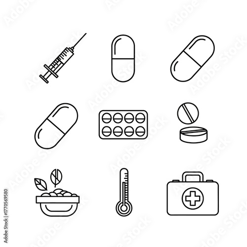 Line art illustration featuring medical elements: syringe, capsules, blister pack, pills, herbal medicine, thermometer, and first aid kit.