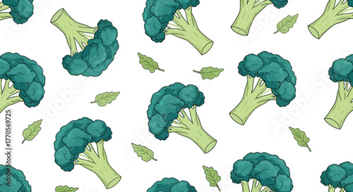Seamless Pattern with Broccoli and Green Leaves for Healthy Food Design