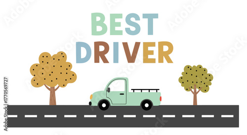 Best Driver Award Cartoon Car on Road with Trees Graphic