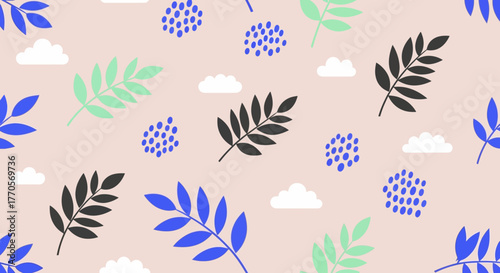 Seamless Pattern of Leaves and Clouds on a Pastel Background