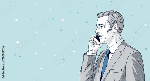 A confident businessman in a suit conversing on his mobile phone against a light blue backdrop with subtle speckles