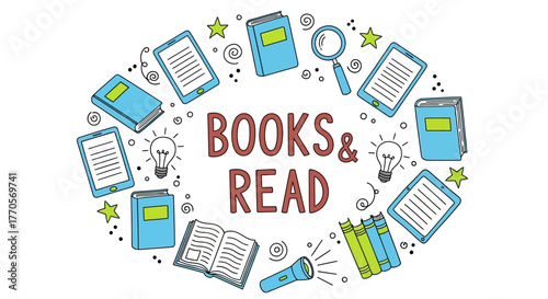 Colorful illustration of books, tablets, and study accessories forming an educational oval frame, perfect for promoting reading, learning, and the joy of knowledge acquisition