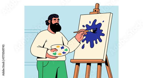 A Painter Creates a Colorful Abstract Masterpiece on an Easel