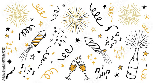 Festive Celebration Fireworks, Champagne, and Musical Notes