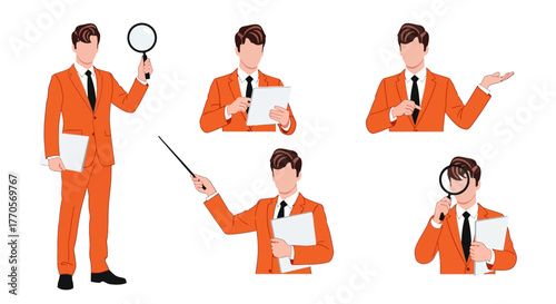 Dynamic Business Professional Character Set Versatile Illustrations of a Man in an Orange Suit Performing Various Corporate Tasks, Presentations, and Analytical Roles for Modern Projects