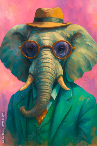 Elephant wearing suit, hat, and glasses on pink background. Digital painting portrait illustration. Anthropomorphic animal character. Fashion and personality concept for design, poster, and print.
