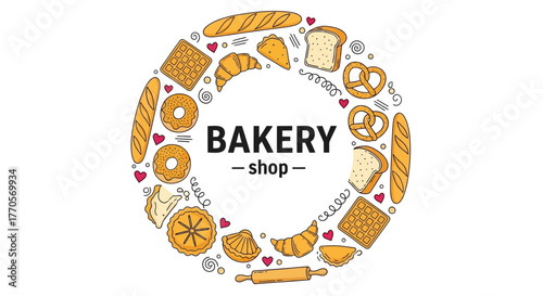 Circular Bakery Shop Emblem Hand-drawn assortment of bread, pastries, and desserts, perfect for café branding, menu designs, posters, or packaging elements showcasing fresh baked goods