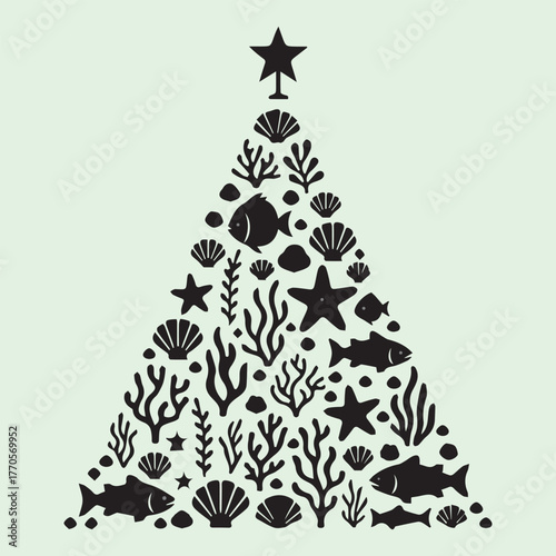 Whimsical silhouette christmas tree composed of marine life and underwater elements