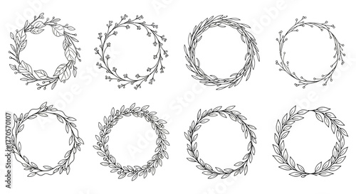Collection of hand-drawn botanical wreaths, featuring delicate leaves and branches in a circular frame design, perfect for elegant borders, invitations, and decorative elements