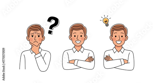 Illustration of a man's thinking process, moving from confusion and questioning to finding a brilliant idea and solution, representing problem-solving and creative thought