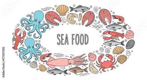 A bountiful collection of delicious seafood illustrations arranged in an oval frame, perfect for culinary art and design projects