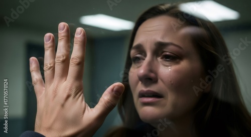 Woman cries behind glass during a prison visit, expressing sadness and despair, a concept of separation and crime consequences.